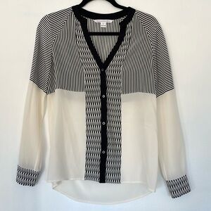 DVF Diane von Furstenberg Silk Blouse 0 XS Tunic Black Cream Top Shirt V-neck